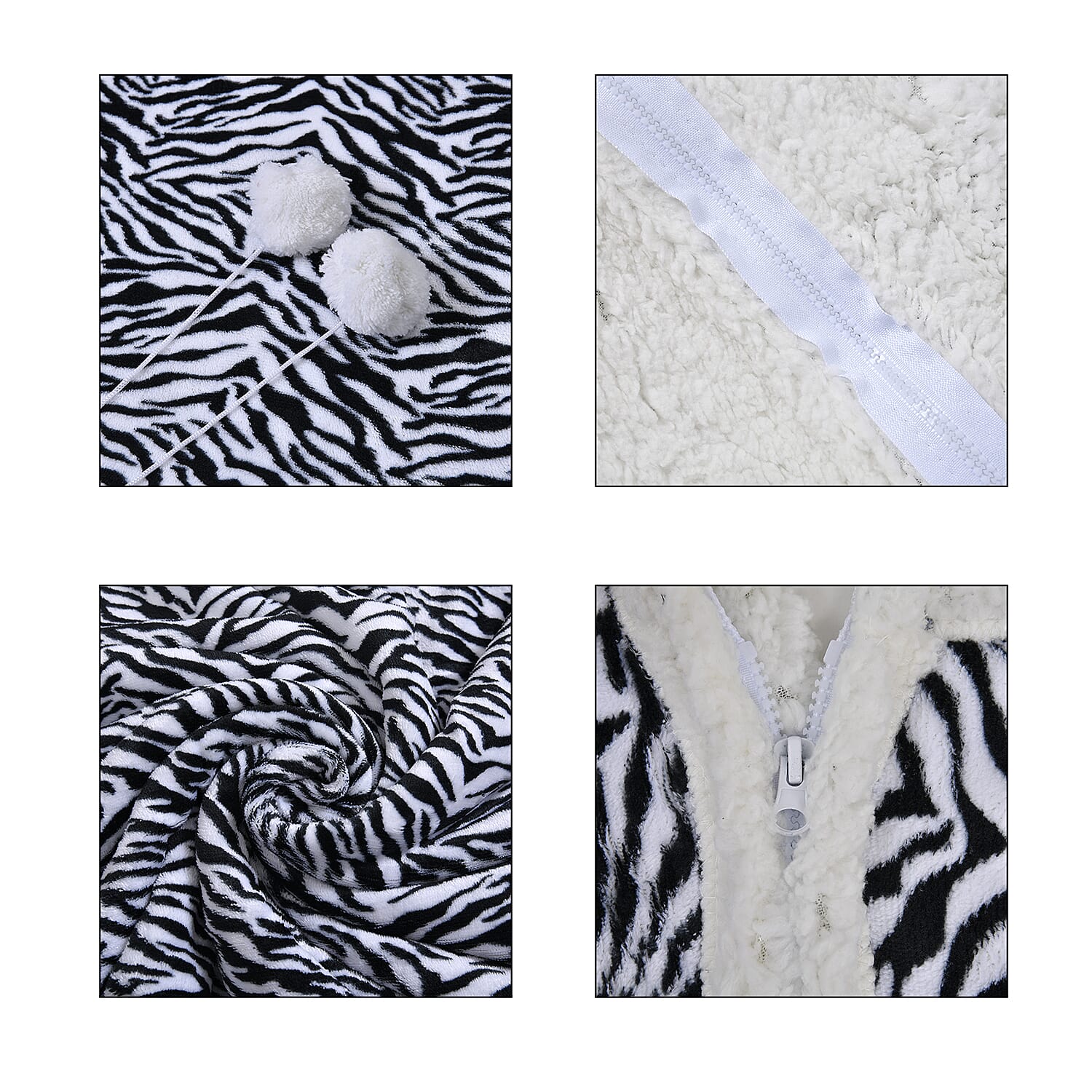 Homesmart Zebra Stripe Pattern Polyester and Sherpa Hoodie Blanket with Pom Pom