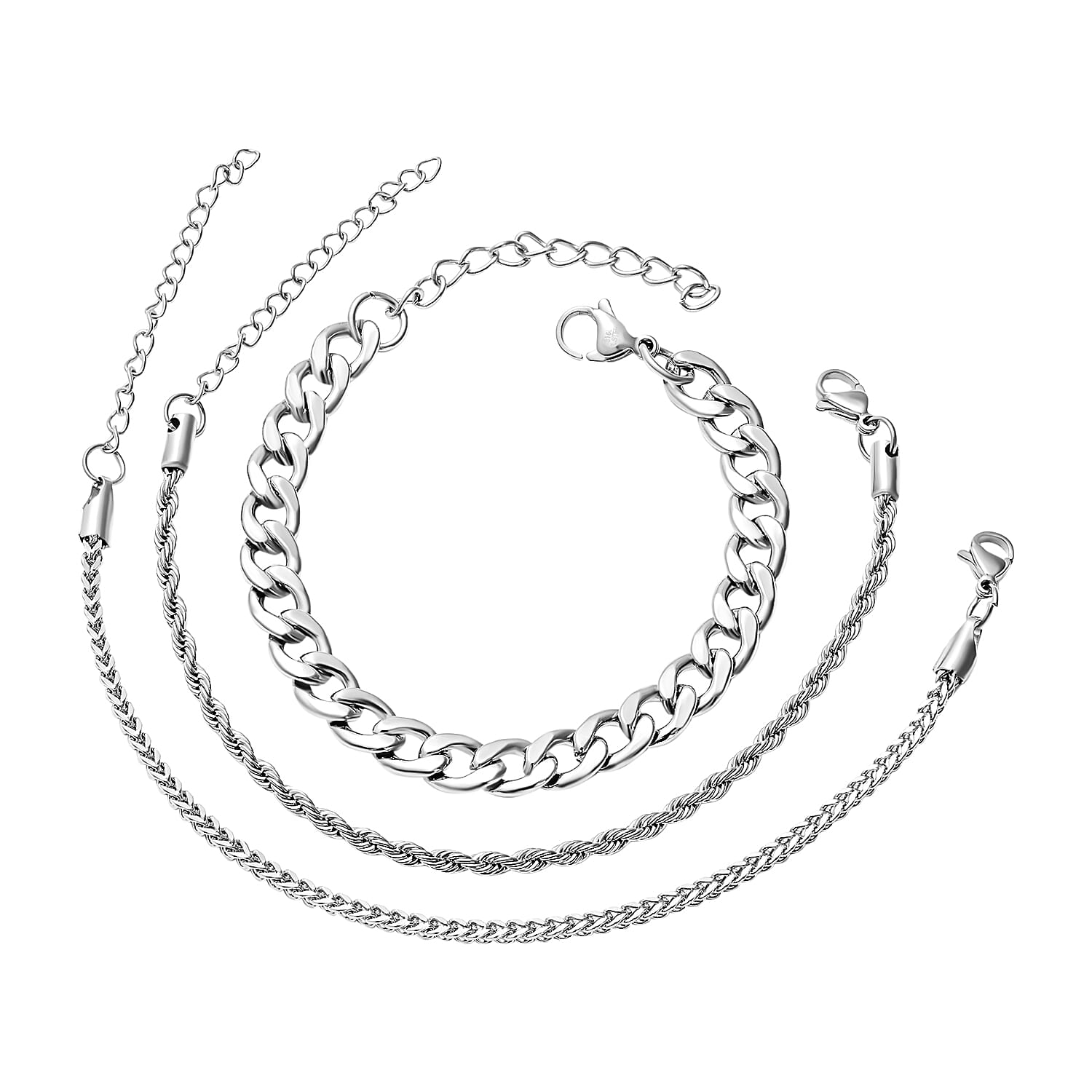 Set of 3 Figaro, Rope and Wheat Chain Bracelet in Stainless Steel (7-9 In)