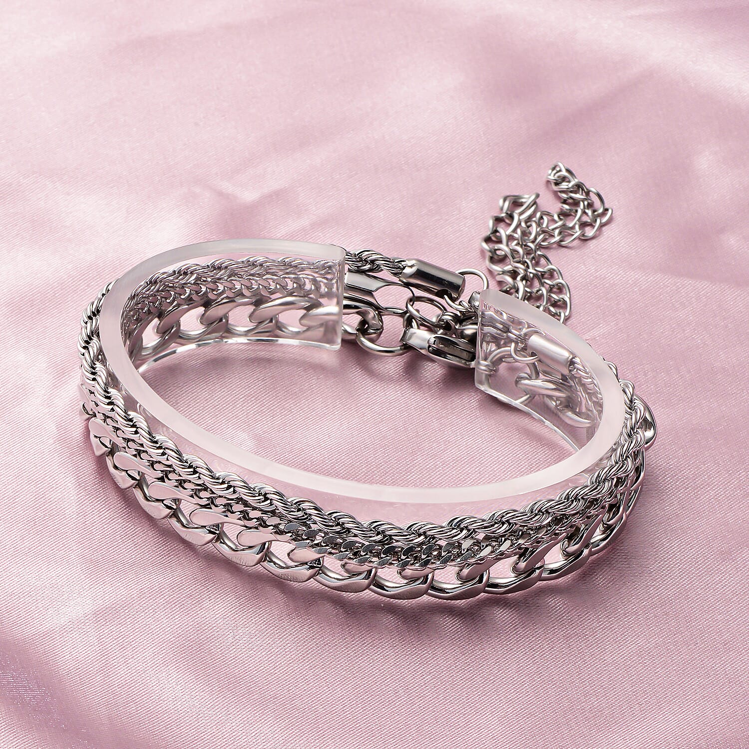 Set of 3 Figaro, Rope and Wheat Chain Bracelet in Stainless Steel (7-9 In)