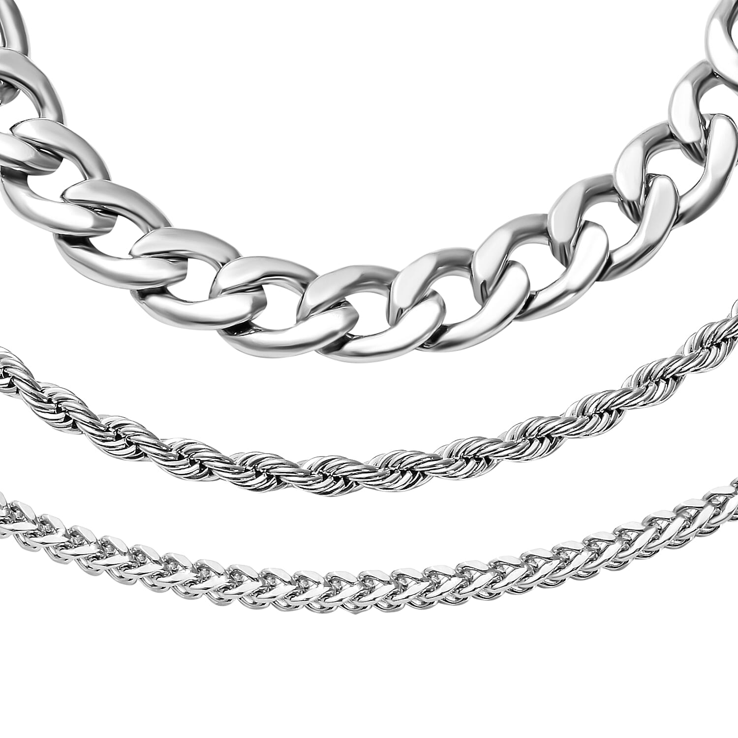 Set of 3 Figaro, Rope and Wheat Chain Bracelet in Stainless Steel (7-9 In)