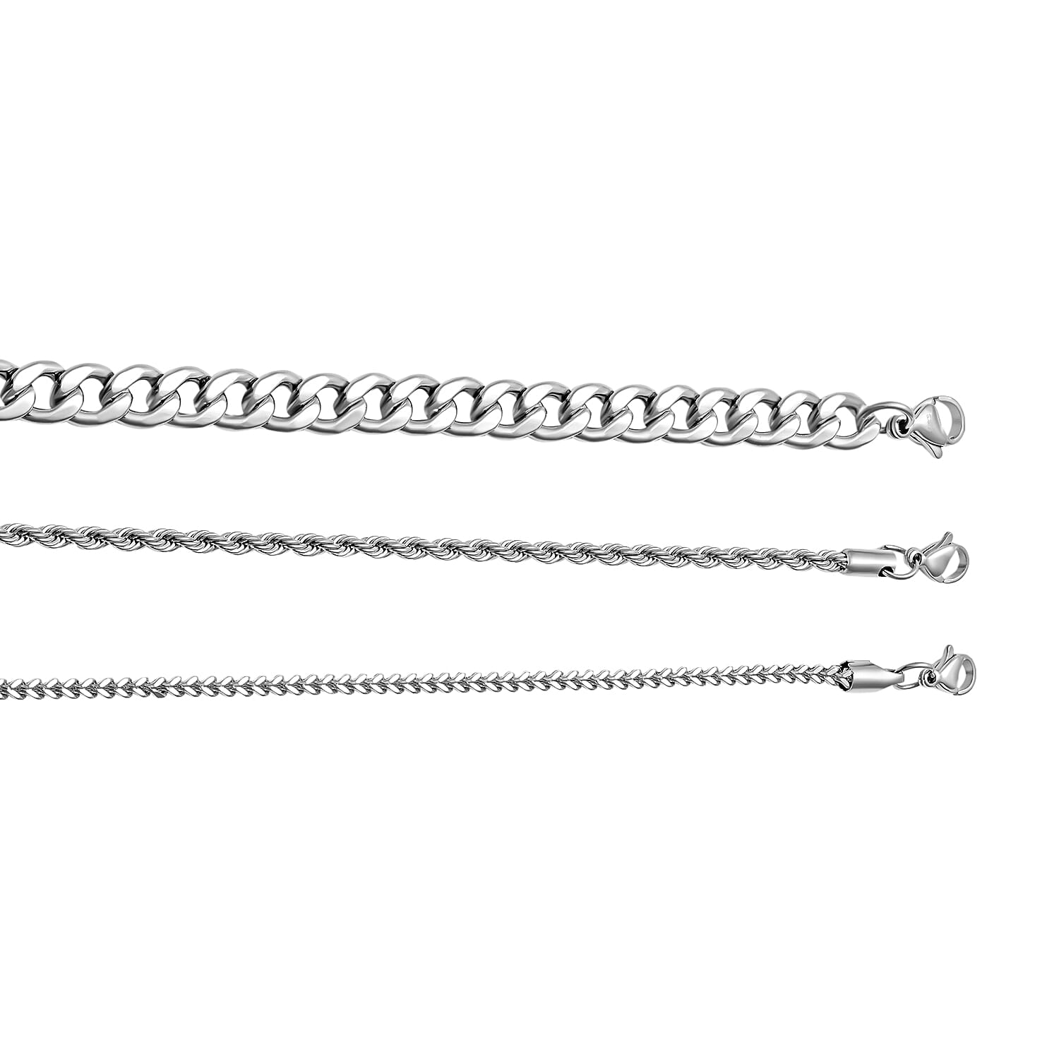 Set of 3 Figaro, Rope and Wheat Chain Bracelet in Stainless Steel (7-9 In)