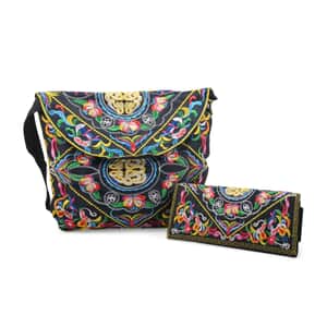 Set of 2pcs Multi Color Floral Embroidery Pattern 100% Polyester Sling Bag and Wallet 