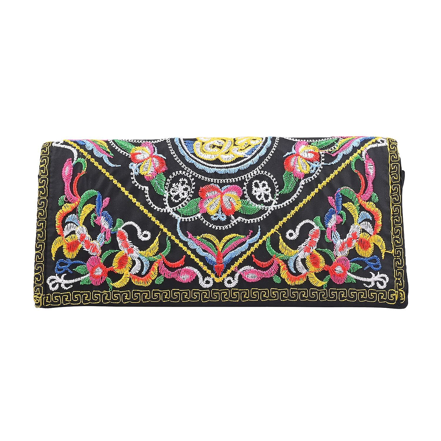 Set of 2pcs Multi Color Floral Embroidery Pattern 100% Polyester Sling Bag and Wallet 