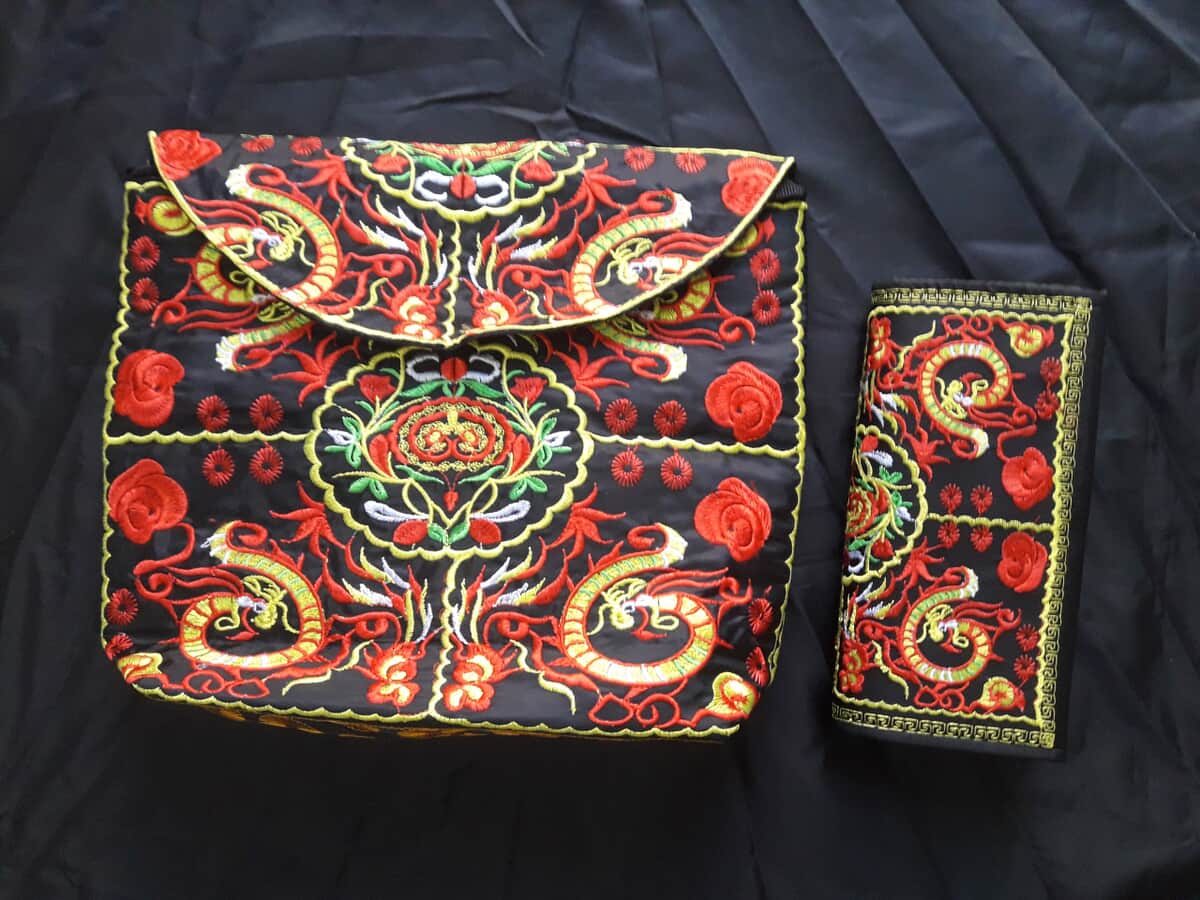 TLV Red and Yellow Floral Embroidey Pattern 100% Polyester Sling Bag (12"x9"x2") and Purse (7.5"x3.5"x0.8") image number 0