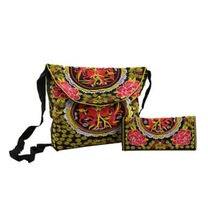 Set of 2pcs Yellow Embroidery Pattern 100% Polyester Sling Bag and Wallet 