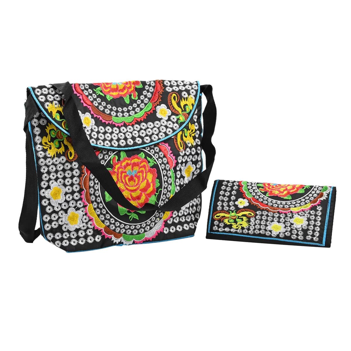 Set of 2 Off-White and Pink Floral Embroidery Pattern Sling Bag and Wallet image number 0