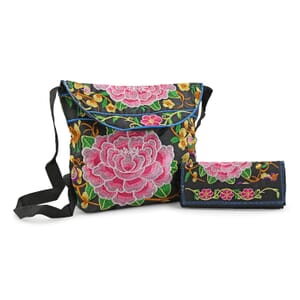 Set of 2pcs Light Pink Embroidery Pattern 100% Polyester Sling Bag and Wallet 