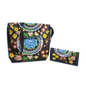 Set of 2 Blue Mix Brown Floral Embroidery Pattern Sling Bag and Wallet