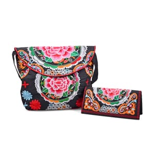 Set of 2pcs Rose Floral Embroidery Pattern 100% Polyester Sling Bag and Wallet