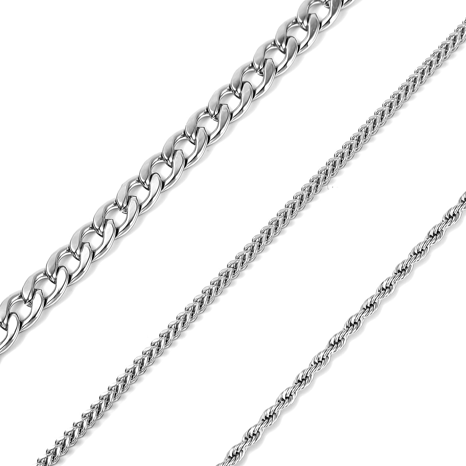 Set of 3 Figaro, Rope and Wheat Necklace 20-22 Inches in Stainless Steel