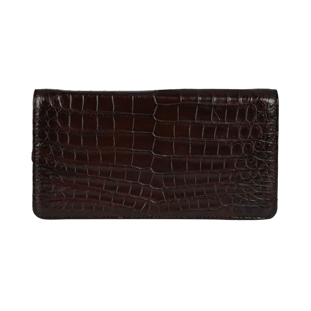 GRAND PELLE Dark Chocolate Genuine Caiman Crocodile Leather Shell Along with Cow Leather Lining Wallet (8.3"x4.3"x1.2") image number 0