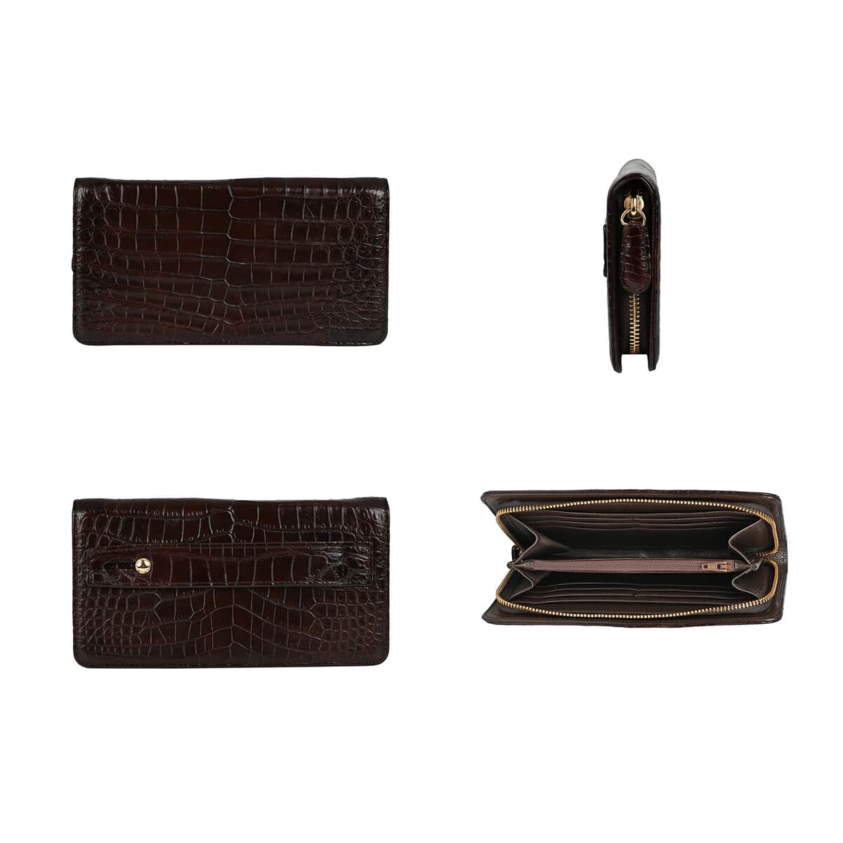 Grand Pelle Dark Chocolate Genuine Caiman Crocodile Leather Shell Along with Cow Leather Lining Wallet | Leather Card Holder Travel Wallet | Leather Purse for Women image number 2