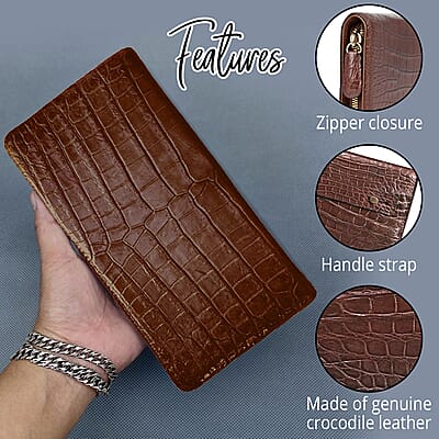 Grand Pelle Genuine Crocodile Leather Dark Chocolate Long Wallet