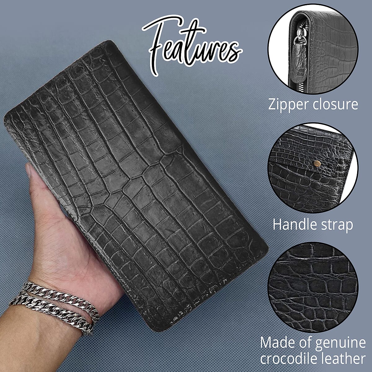 Grand Pelle Genuine Crocodile Leather Black Long Wallet image number 1
