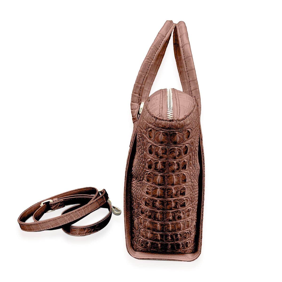 Grand Pelle Genuine Crocodile Leather Dark Chocolate Tote Bag (14.57"x10.24"x10.24") with Woven Strap image number 2