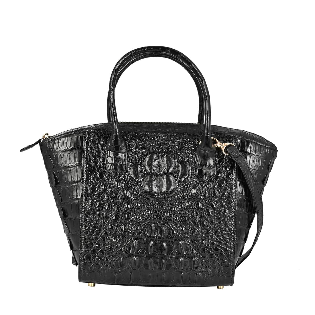 GRAND PELLE Black Genuine Caiman Crocodile Leather Shell Along with Cow Leather Lining Handbag with Handle Strap image number 0