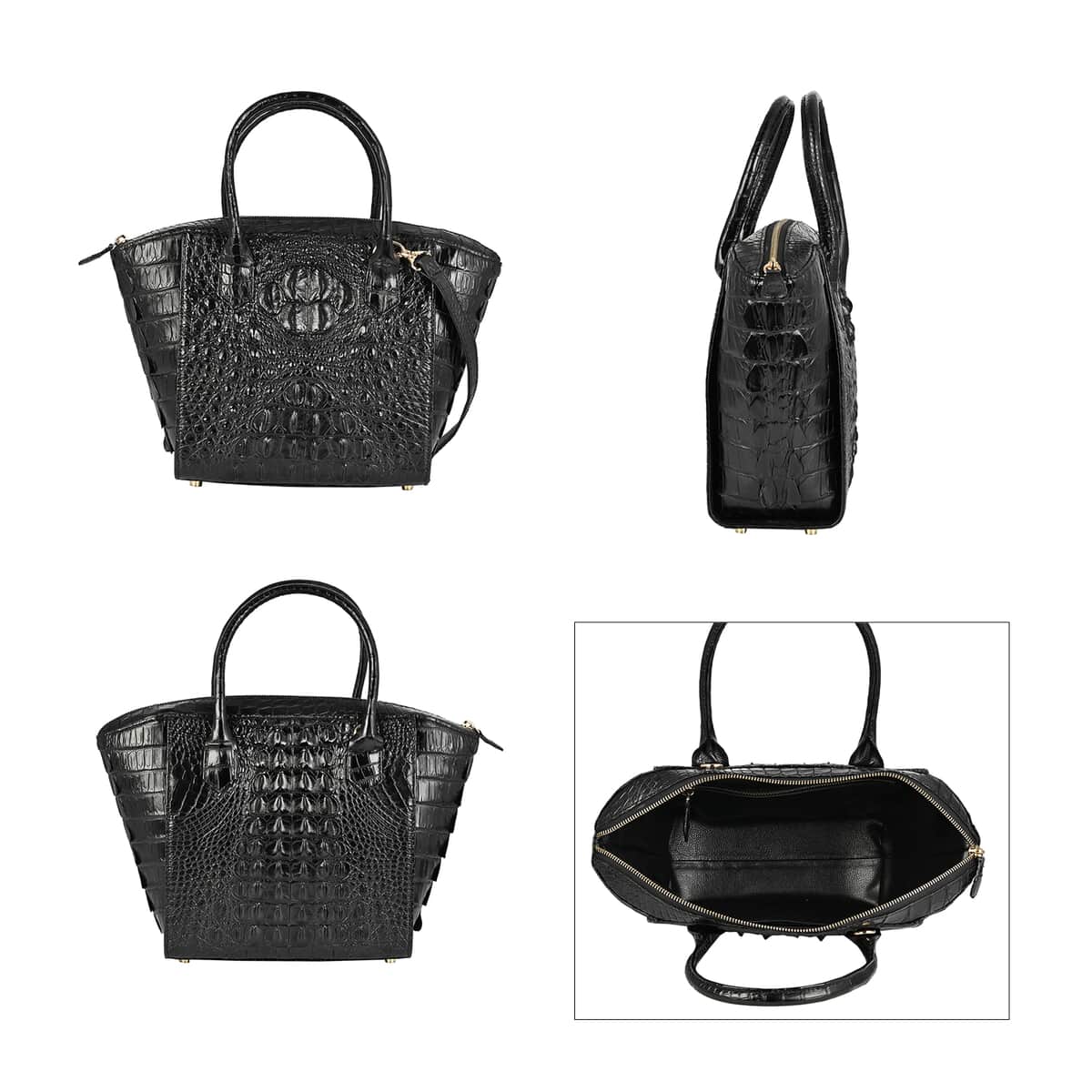 GRAND PELLE Black Genuine Caiman Crocodile Leather Shell Along with Cow Leather Lining Handbag with Handle Strap image number 1