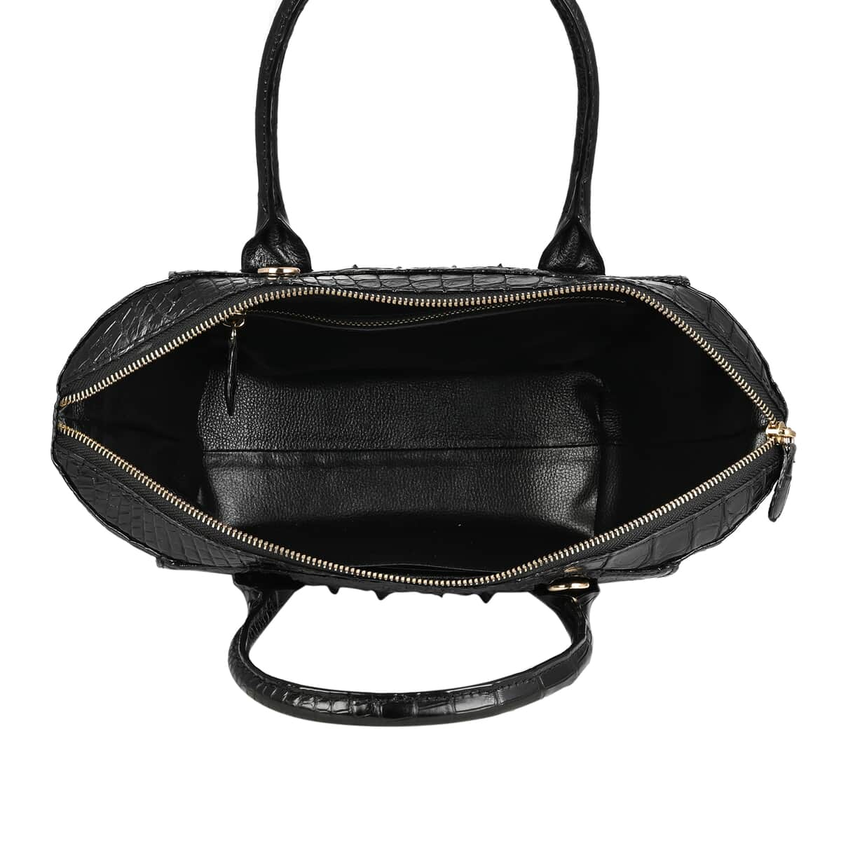 GRAND PELLE Black Genuine Caiman Crocodile Leather Shell Along with Cow Leather Lining Handbag with Handle Strap image number 2