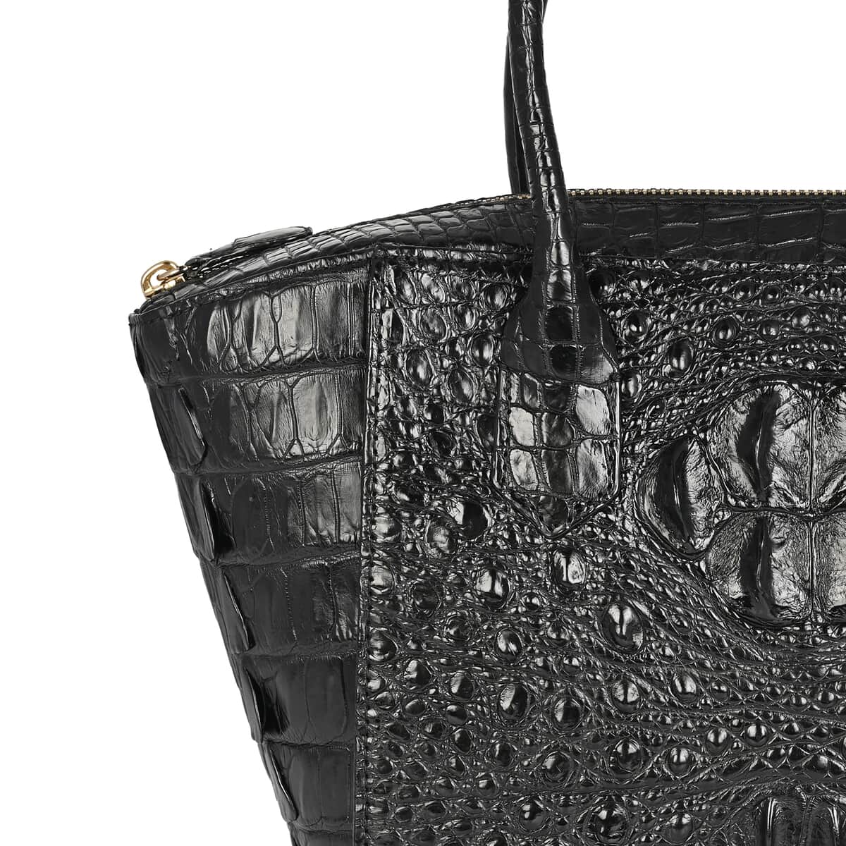 GRAND PELLE Black Genuine Caiman Crocodile Leather Shell Along with Cow Leather Lining Handbag with Handle Strap image number 3