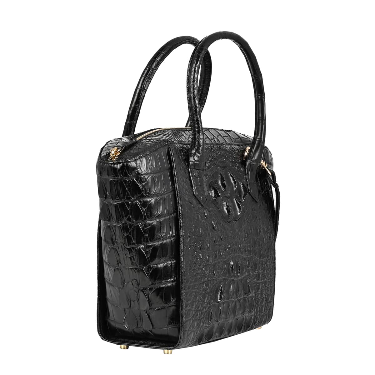GRAND PELLE Black Genuine Caiman Crocodile Leather Shell Along with Cow Leather Lining Handbag with Handle Strap image number 4