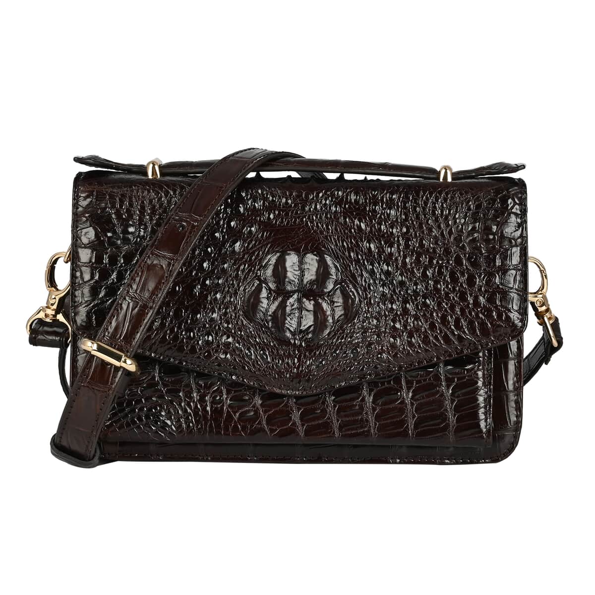 THE PELLE Dark Chocolate Genuine Crocodile Leather Shell Along with Cow Leather Lining Crossbody Bag (8.66"x3.2"x5.5") with Shoulder Strap image number 0