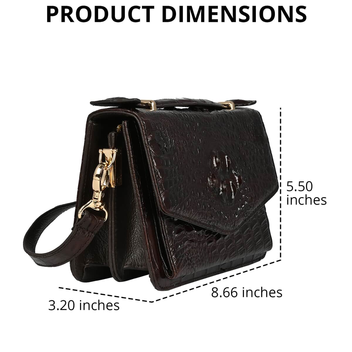 THE PELLE Dark Chocolate Genuine Crocodile Leather Shell Along with Cow Leather Lining Crossbody Bag (8.66"x3.2"x5.5") with Shoulder Strap image number 1