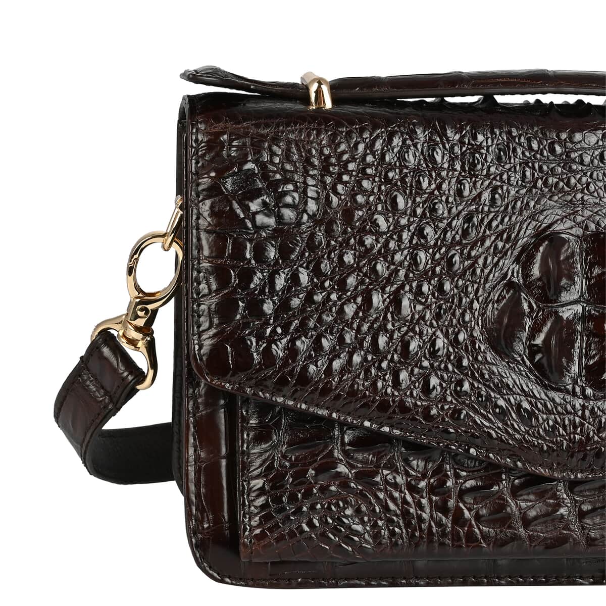 THE PELLE Dark Chocolate Genuine Crocodile Leather Shell Along with Cow Leather Lining Crossbody Bag (8.66"x3.2"x5.5") with Shoulder Strap image number 2