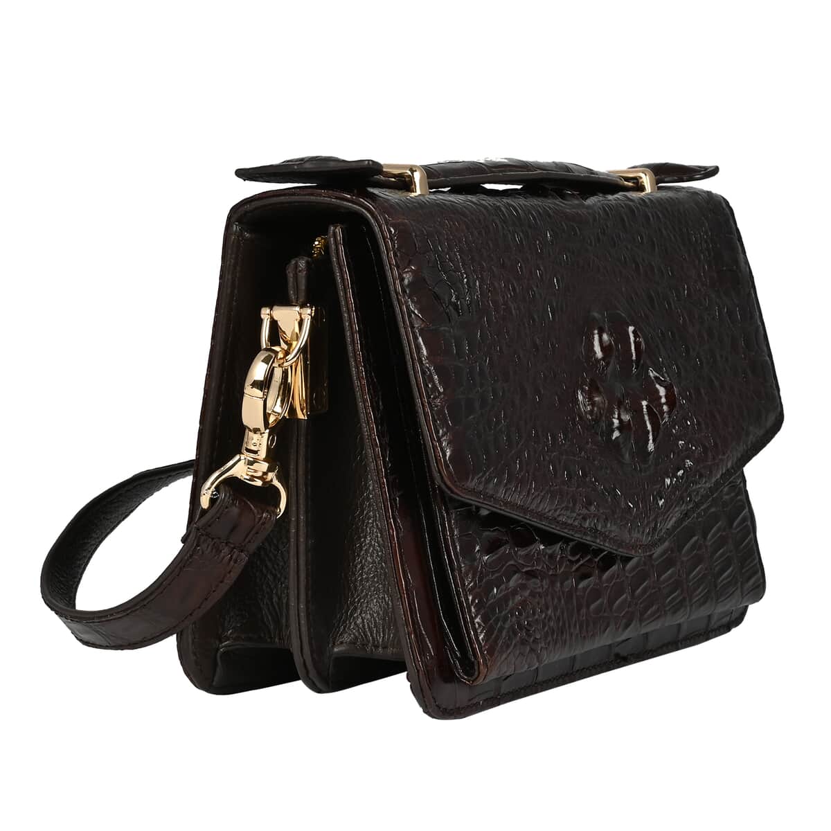 GRAND PELLE Dark Chocolate Genuine Caiman Crocodile Leather Shell Along with Cow Leather Lining Crossbody Bag with Shoulder Strap image number 4