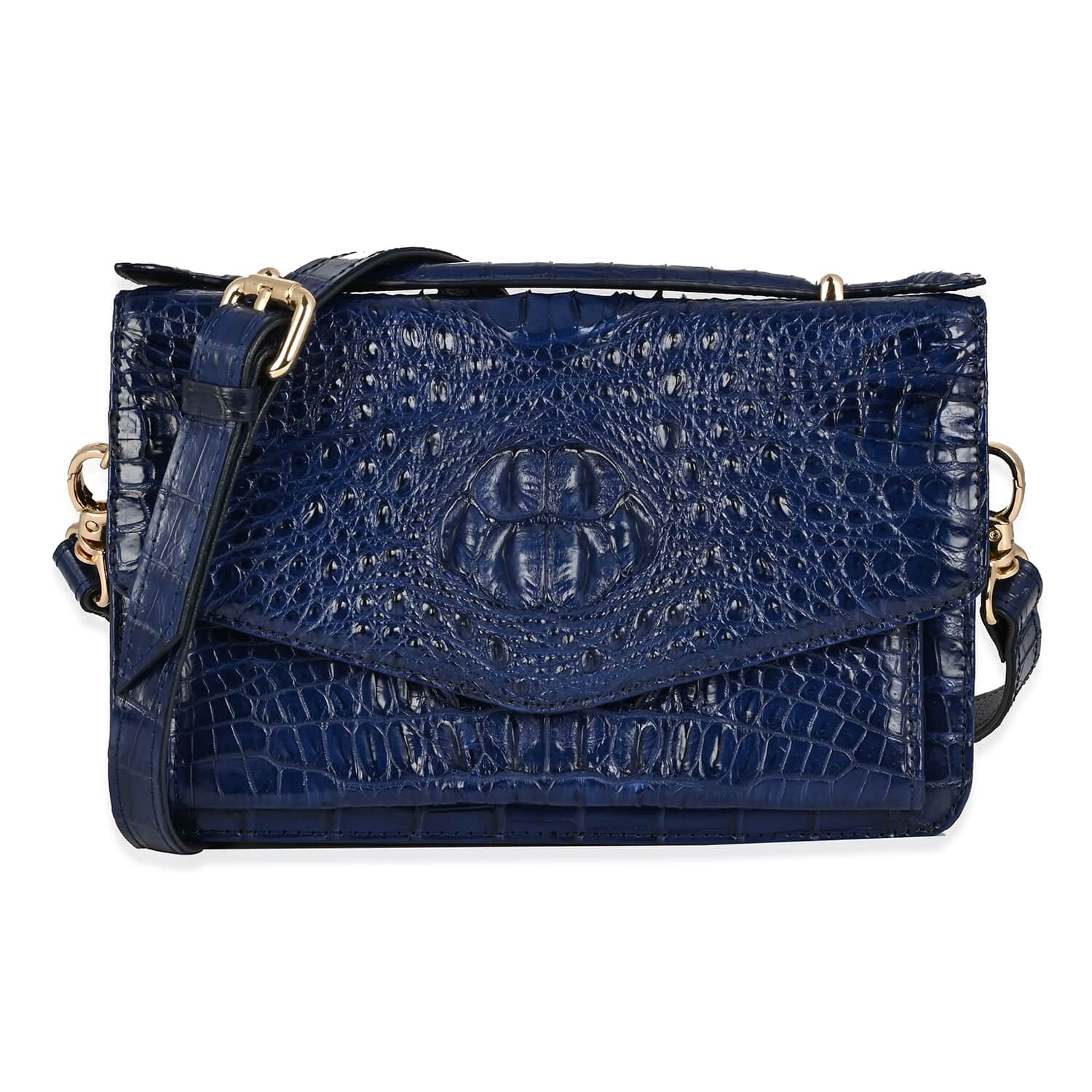 GRAND PELLE Navy Genuine Caiman Crocodile Leather Shell Along with Cow  Leather Lining Crossbody Bag with Shoulder Strap