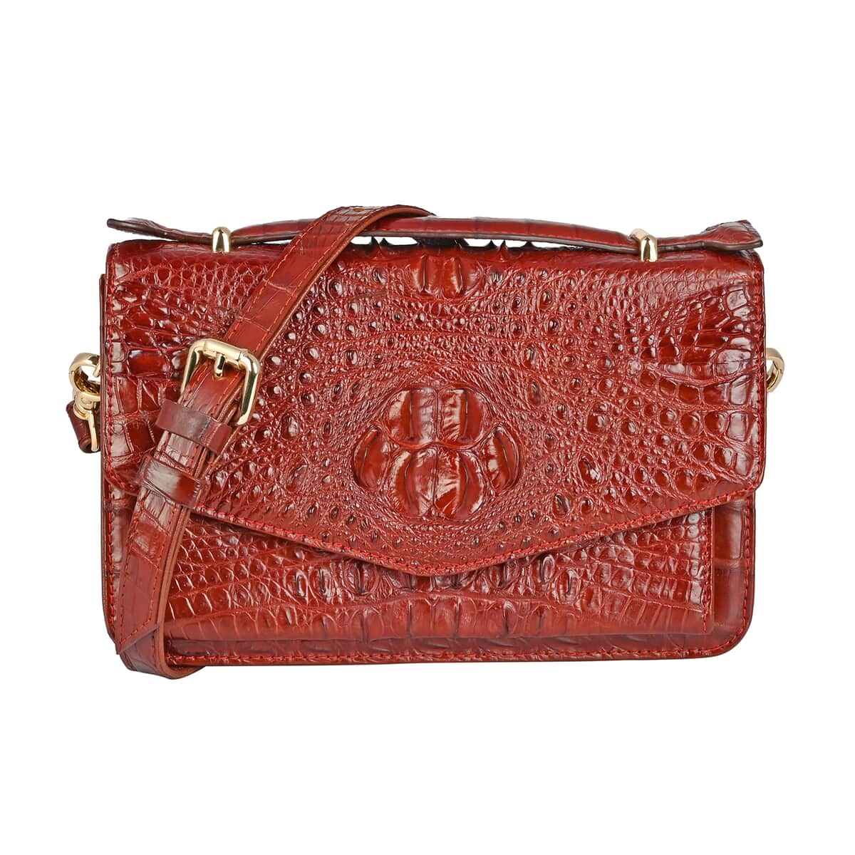 GRAND PELLE Red Wine Genuine Caiman Crocodile Leather Shell Along with Cow Leather Lining Crossbody Bag (8.66x3.2x5.5) with Shoulder Strap image number 0
