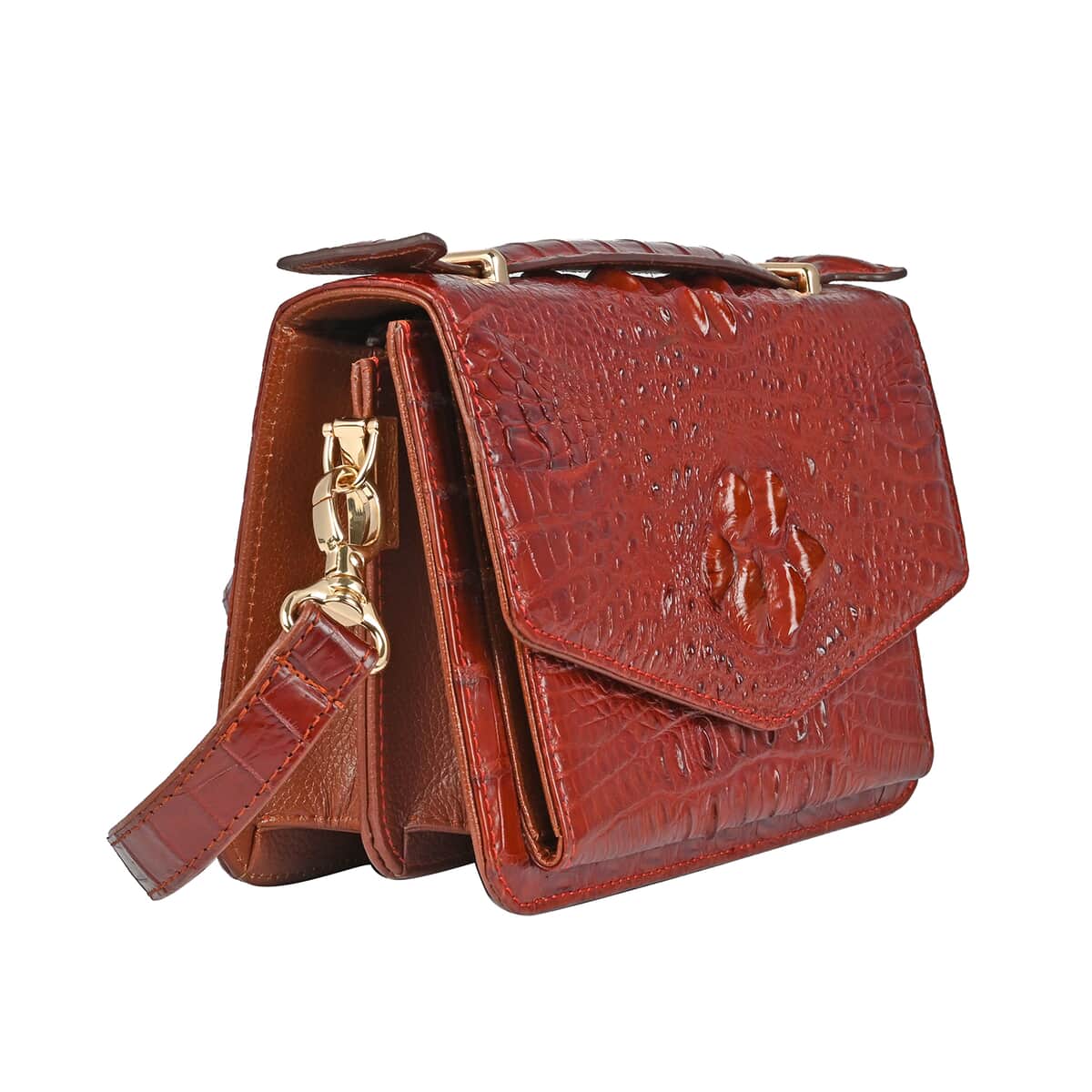 GRAND PELLE Red Wine Genuine Caiman Crocodile Leather Shell Along with Cow Leather Lining Crossbody Bag (8.66x3.2x5.5) with Shoulder Strap image number 4