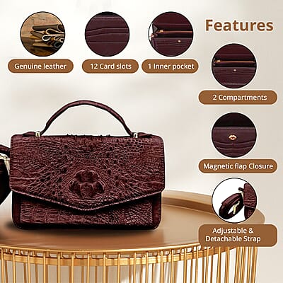 Grand Pelle Genuine Crocodile Leather Dark Chocolate Crossbody Bag with Detachable Shoulder Strap | Vintage Leather Crossbody Bag | Essential Minimalist Crossbody Bag | Utility Crossbody Bag