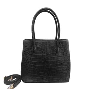 Grand Pelle Genuine Crocodile Leather Black Tote Bag for Women with Woven Shoulder Strap | Women's Designer Tote Bags | Leather Handbags | Leather Purse