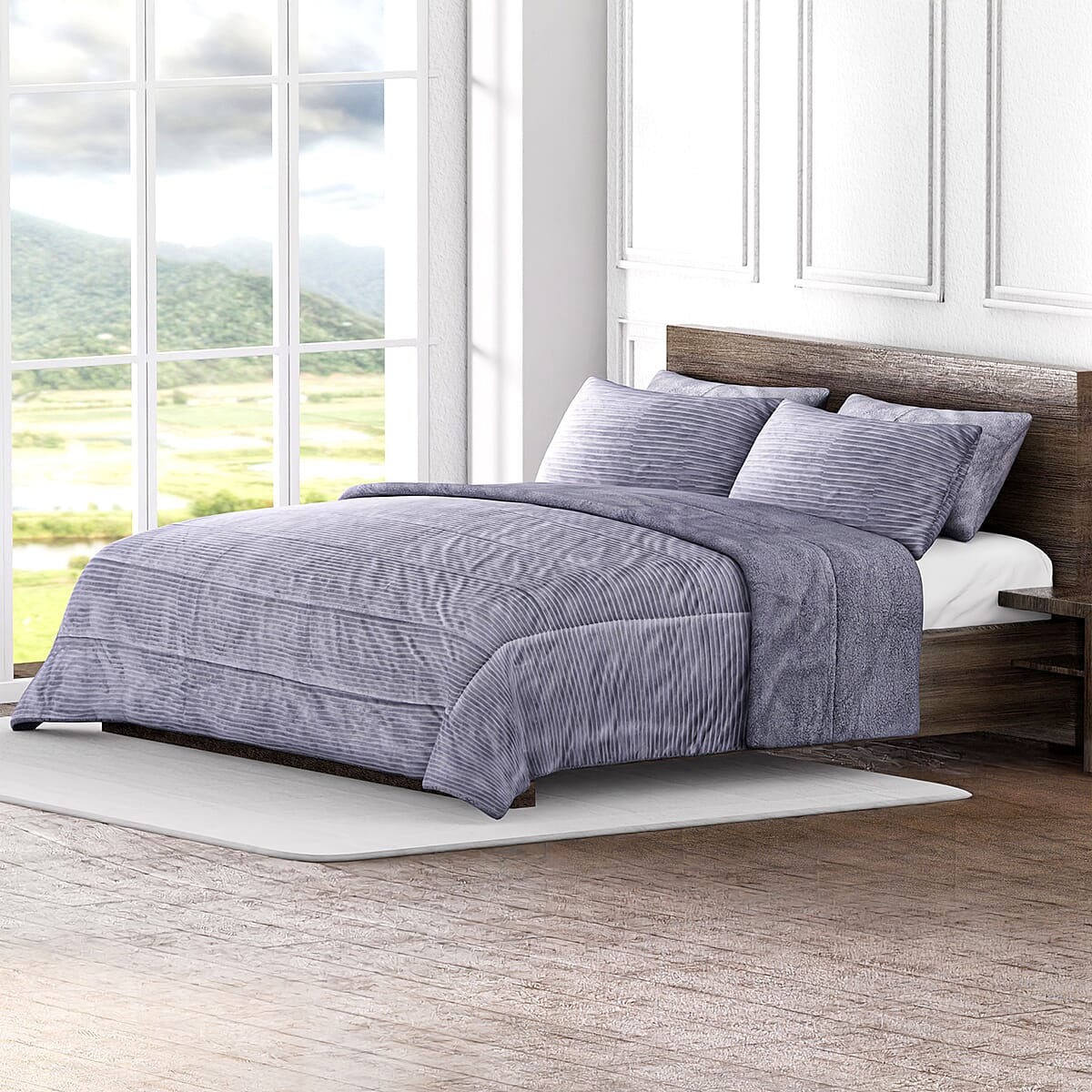 Homesmart Gray Stripe Pattern Flannel and Sherpa Comforter and Pillow Cover -Queen image number 0