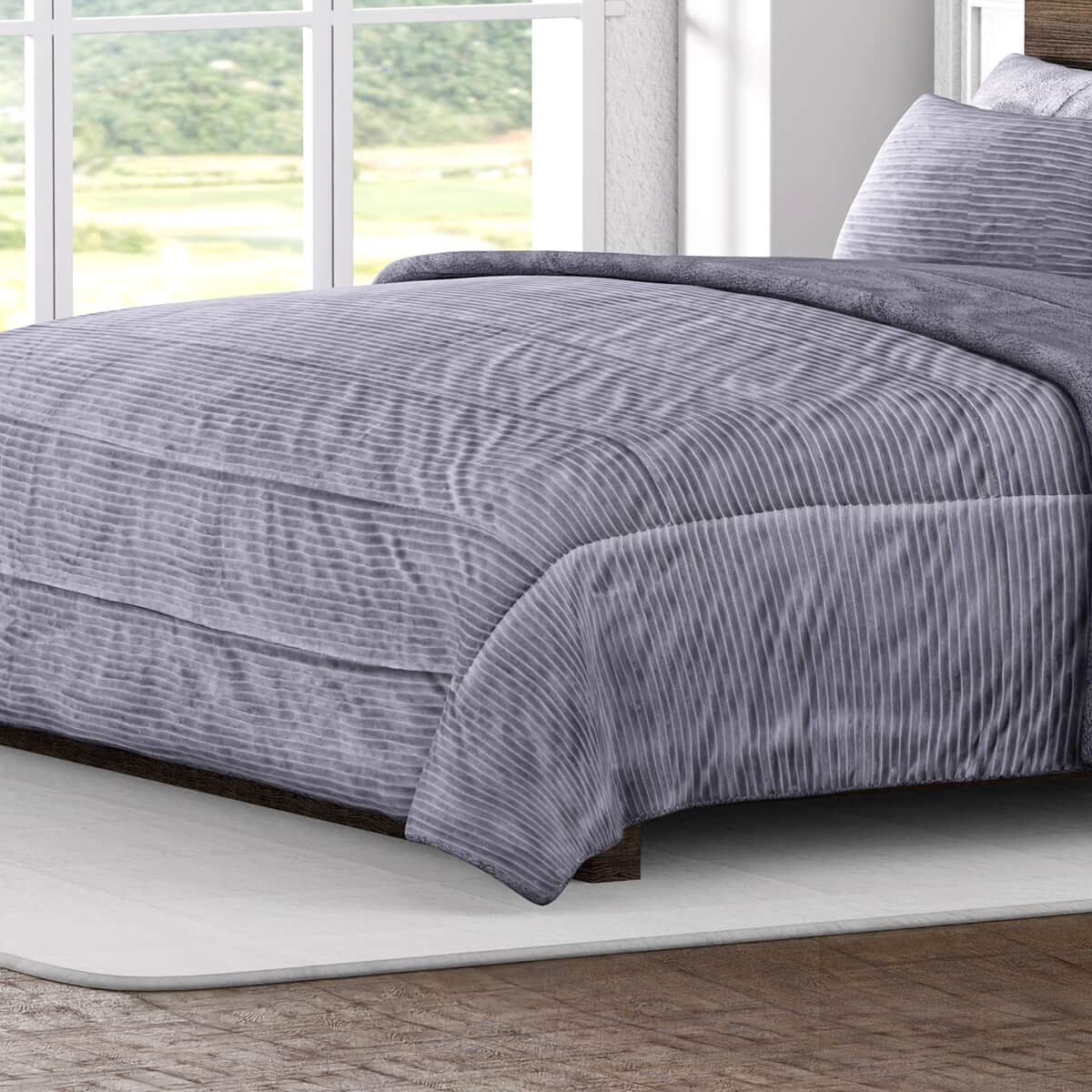 Homesmart Gray Stripe Pattern Flannel and Sherpa Comforter and Pillow Cover -King image number 1