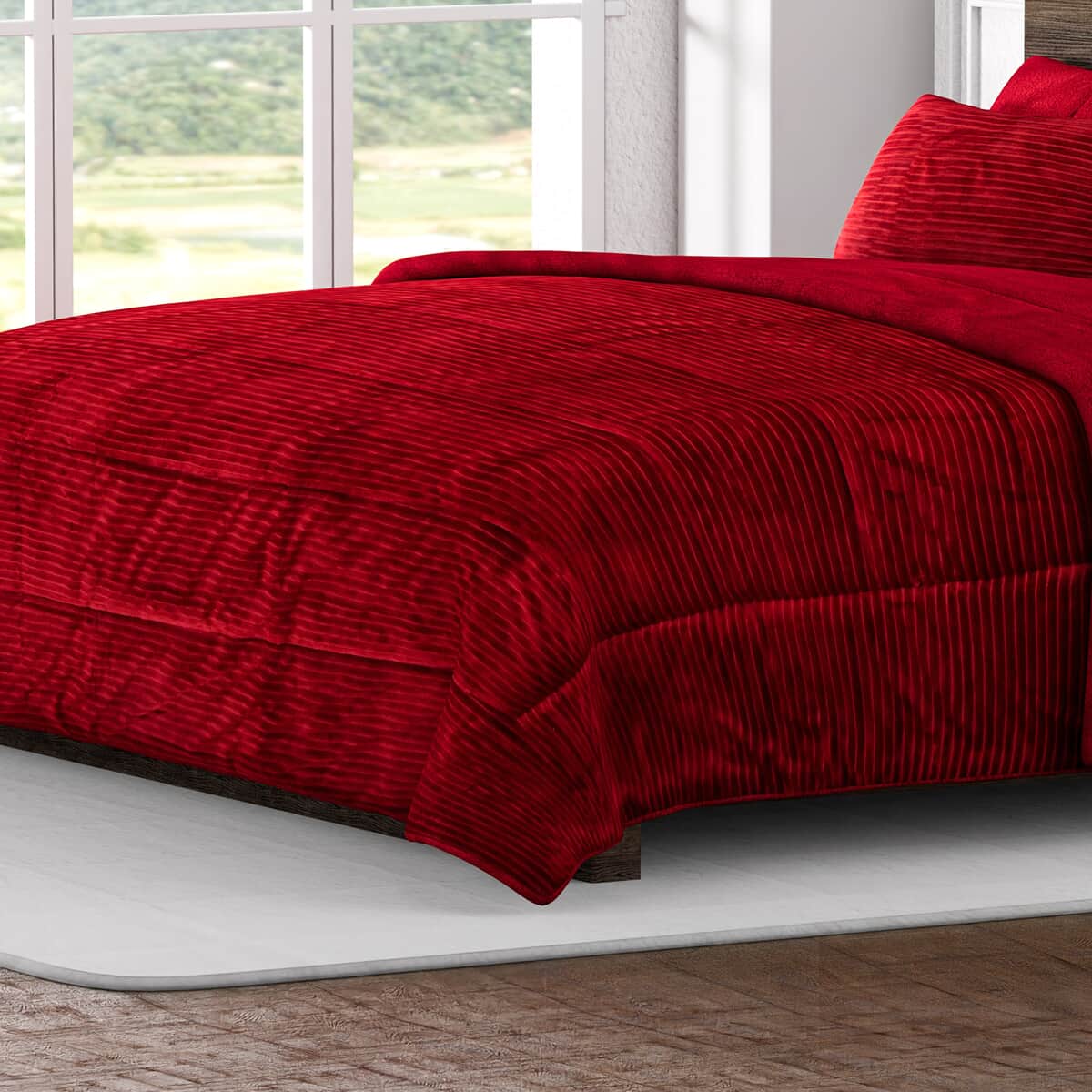 Homesmart Red Stripe Pattern Flannel and Sherpa Comforter and Pillow Cover -Queen image number 1
