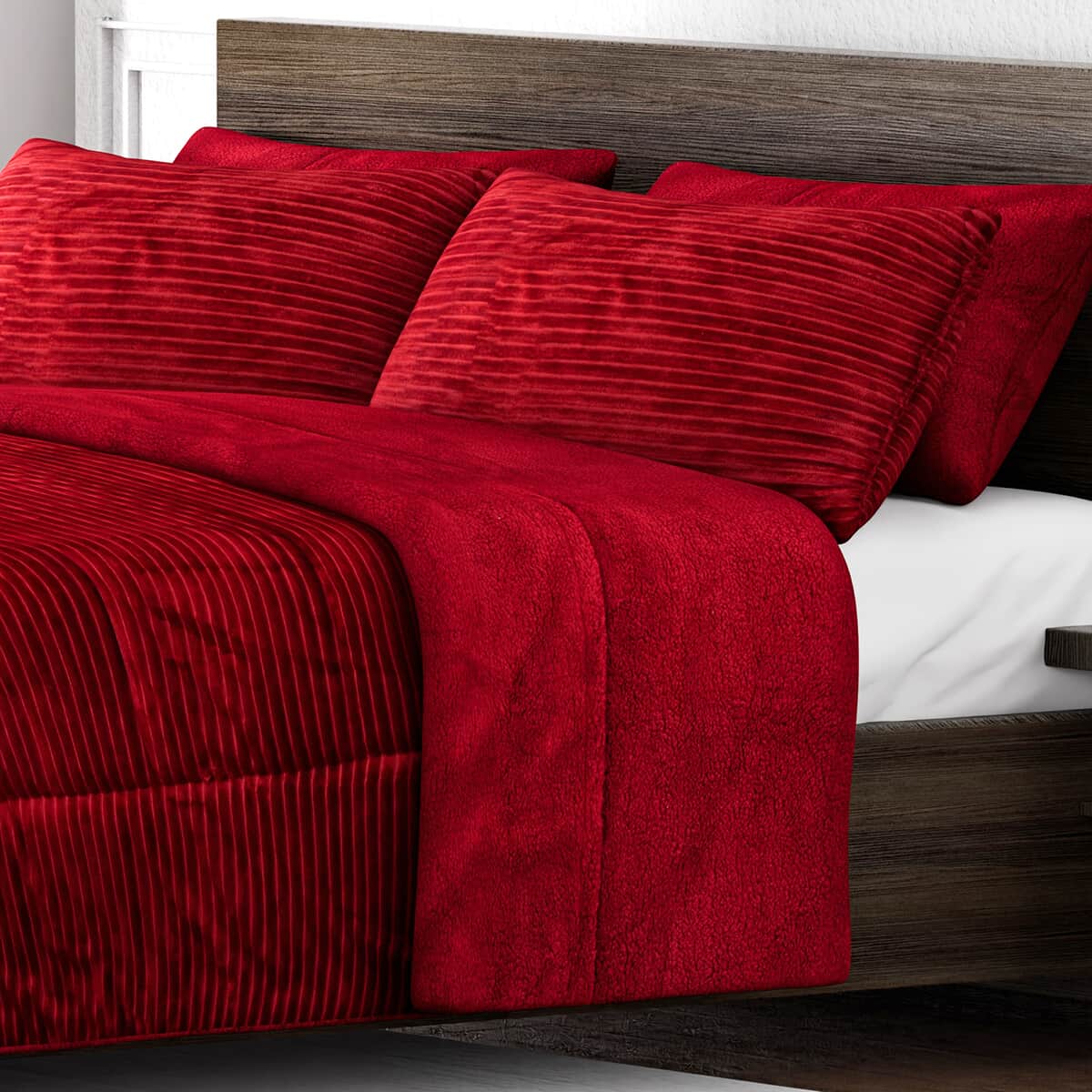 Homesmart Red Stripe Pattern Flannel and Sherpa Comforter and Pillow Cover -Queen image number 3