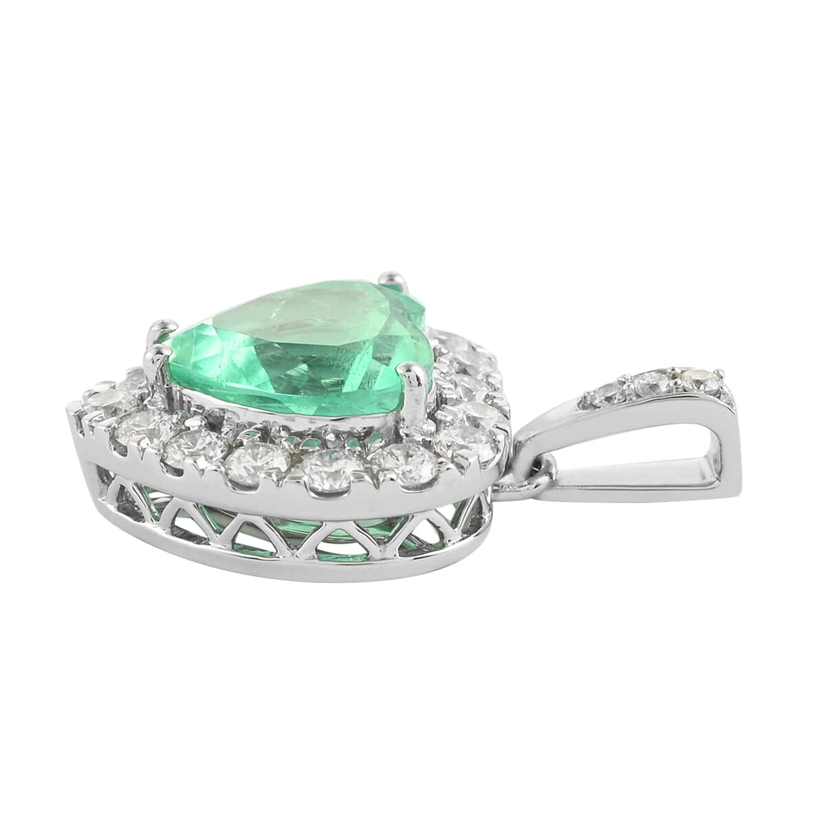 SUMMER DEALS RHAPSODY 950 Platinum AAAA Boyaca Colombian Emerald and E-F VS Diamond Heart Pendant 5.54 Grams 5.15 ctw image number 1