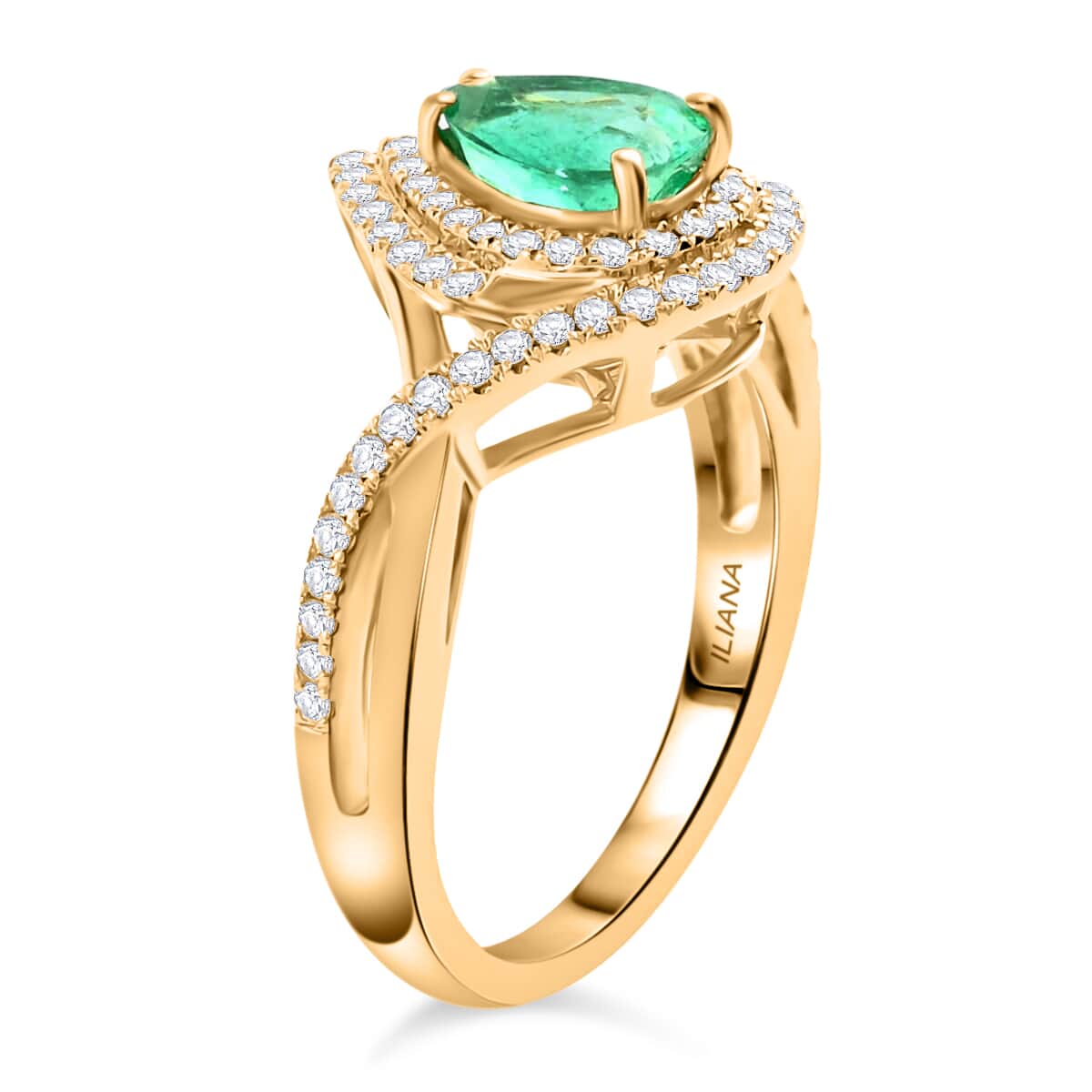ILIANA 18K Yellow Gold AAA Boyaca Colombian Emerald and G-H SI Diamond Split Shank Ring 4.76 Grams 1.40 ctw image number 2