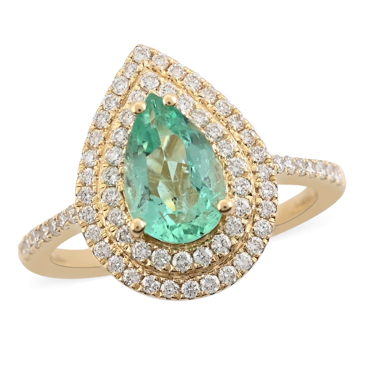 One Of A Kind Certified and Appraised ILIANA 18K Yellow Gold AAA Boyaca Colombian Emerald and G-H SI Diamond Halo Ring (Size 8.0) 3.80 Grams 1.45 ctw image number 0