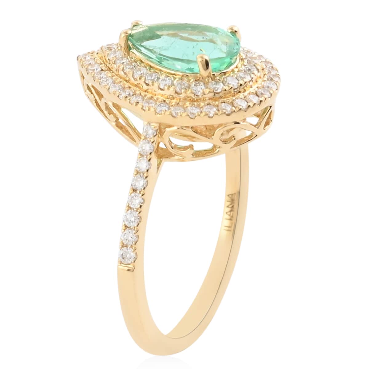One Of A Kind Certified and Appraised ILIANA 18K Yellow Gold AAA Boyaca Colombian Emerald and G-H SI Diamond Halo Ring (Size 8.0) 3.80 Grams 1.45 ctw image number 2
