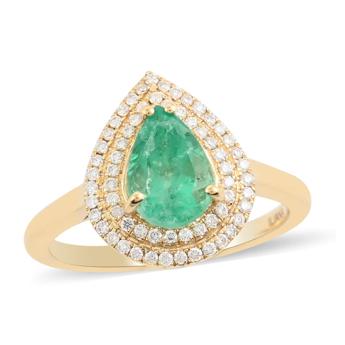Iliana 18K Yellow Gold AAA Boyaca Colombian Emerald and G-H SI Diamond Double Halo Ring (Size 7.0) 4.30 Grams 1.70 ctw image number 0