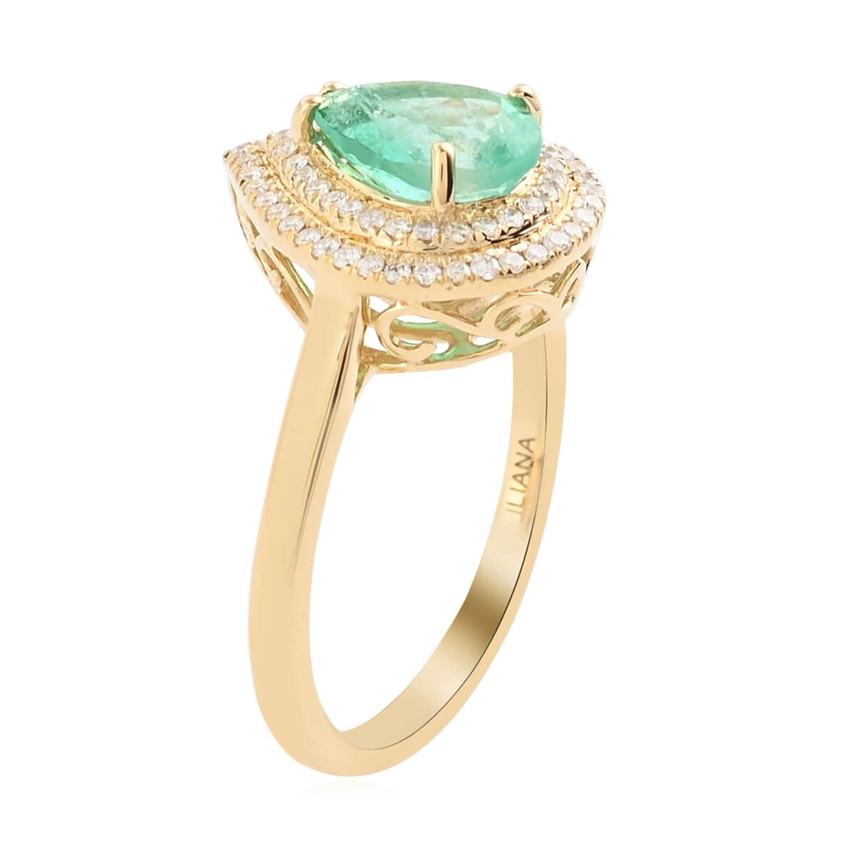 Iliana 18K Yellow Gold AAA Boyaca Colombian Emerald and G-H SI Diamond Double Halo Ring (Size 7.0) 4.30 Grams 1.70 ctw image number 2