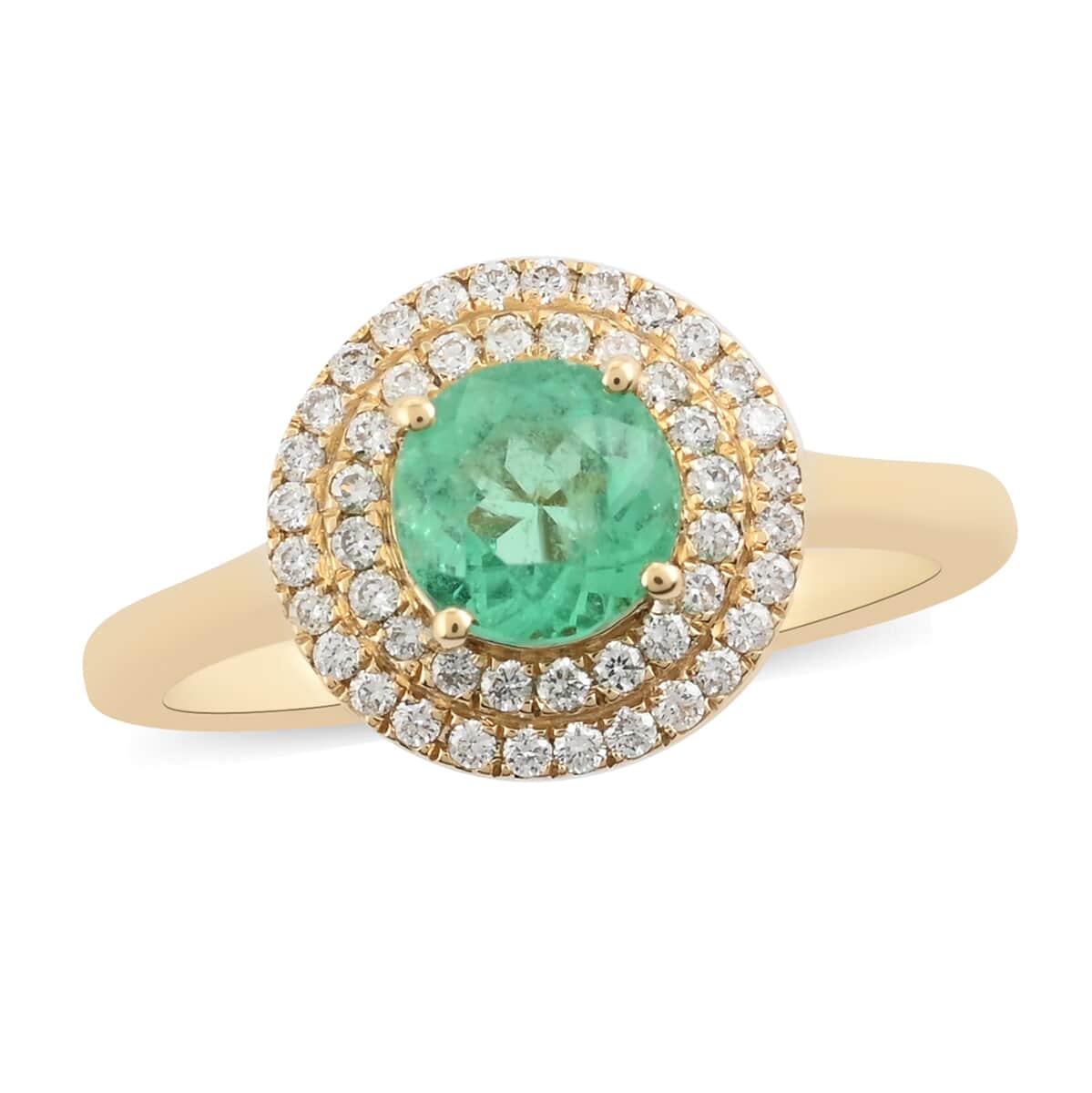 Iliana 18K Yellow Gold AAA Boyaca Colombian Emerald and G-H SI Diamond Double Halo Ring (Size 7.0) 4.46 Grams 1.20 ctw image number 0