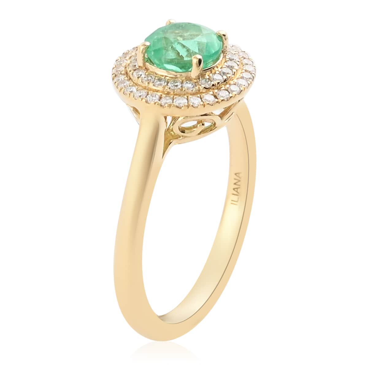 Iliana 18K Yellow Gold AAA Boyaca Colombian Emerald and G-H SI Diamond Double Halo Ring (Size 7.0) 4.46 Grams 1.20 ctw image number 2