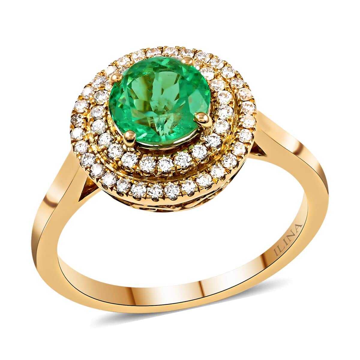 Iliana 18K Yellow Gold AAA Boyaca Colombian Emerald and G-H SI Diamond Double Halo Ring (Size 7.0) 4.46 Grams 1.50 ctw image number 0