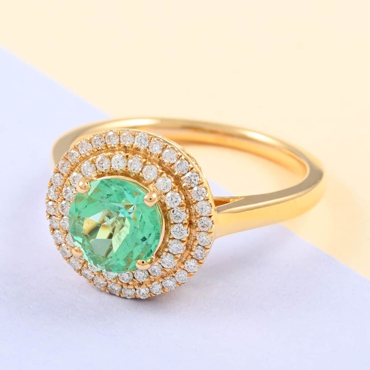 ILIANA AAA Boyaca Colombian Emerald and Diamond G-H SI Double Halo Ring in 18K Yellow Gold 4.46 Grams 1.50 ctw image number 1