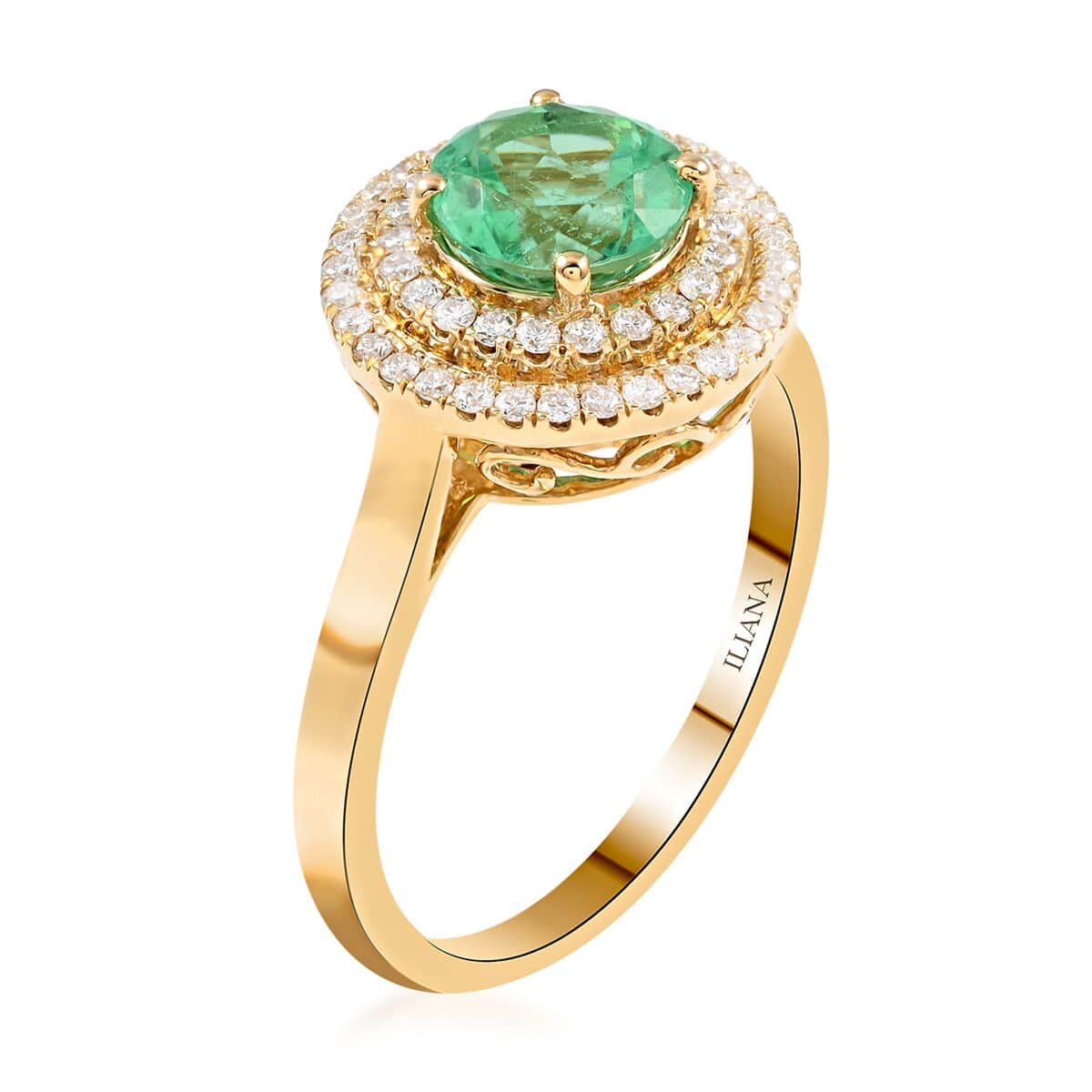ILIANA AAA Boyaca Colombian Emerald and Diamond G-H SI Double Halo Ring in 18K Yellow Gold 4.46 Grams 1.50 ctw image number 3