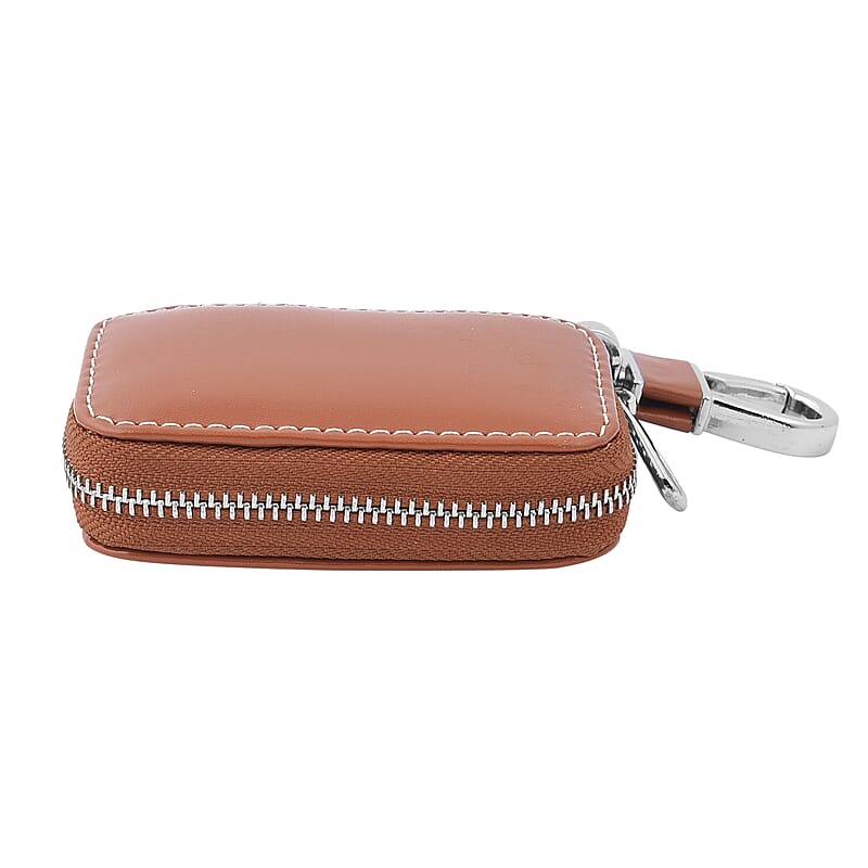 Brown Square-Shaped Genuine Leather Bag With Swivel Metallic Snap Hoop, Zipper Closure, and Key-ring For Car Keys, Remote