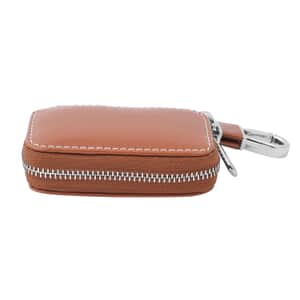 Brown Square-Shaped Genuine Leather Bag With Swivel Metallic Snap Hoop, Zipper Closure, and Key-ring For Car Keys, Remote